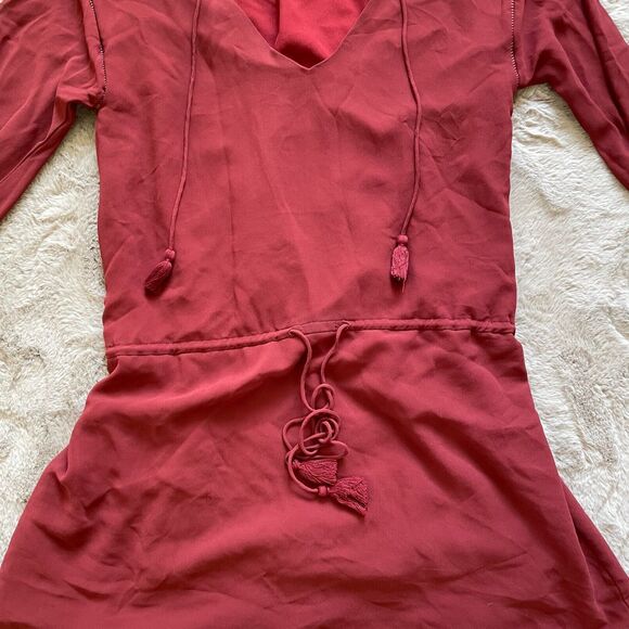 Haute Hippie XS Burgundy V-Neck Mini Dress With Tassel Boho Accents MSRP $695 - Picture 9 of 12
